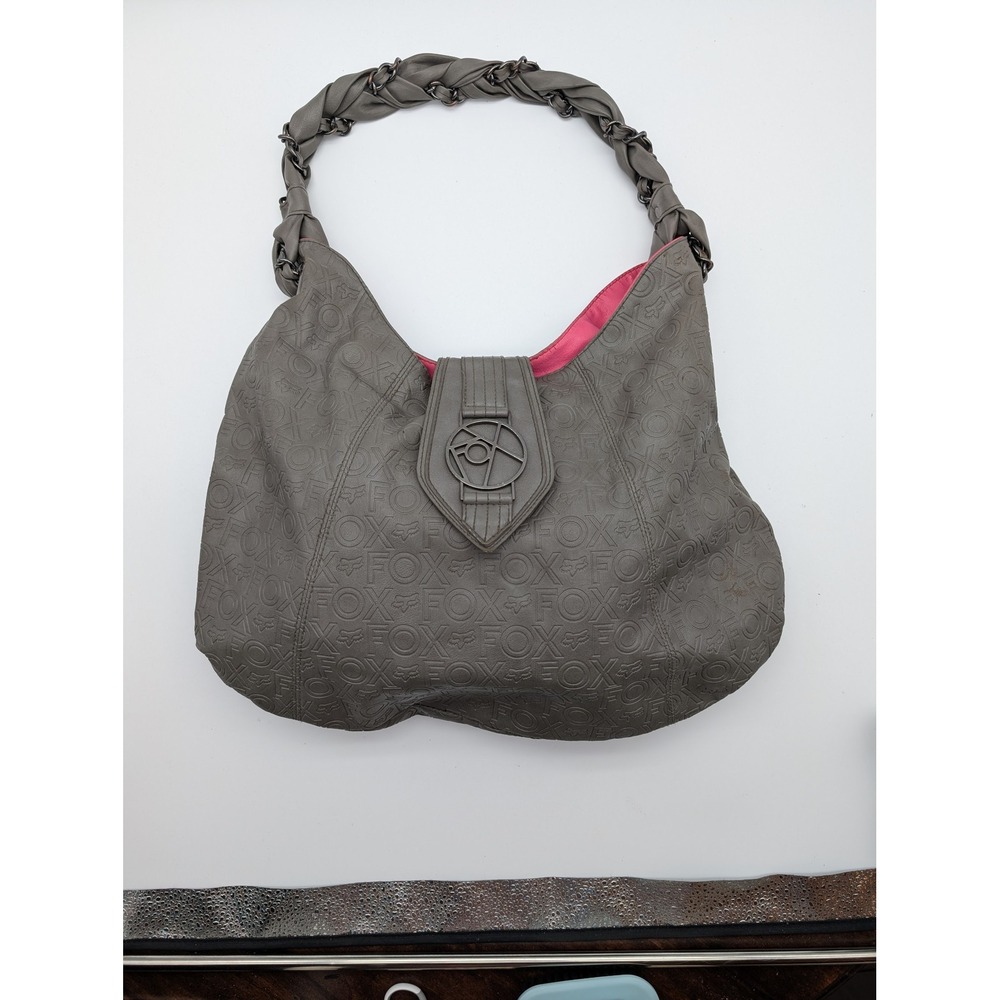 Fox Racing Grey Embossed Logo Hobo Bag Pink Interior Braided Chain Strap Womens